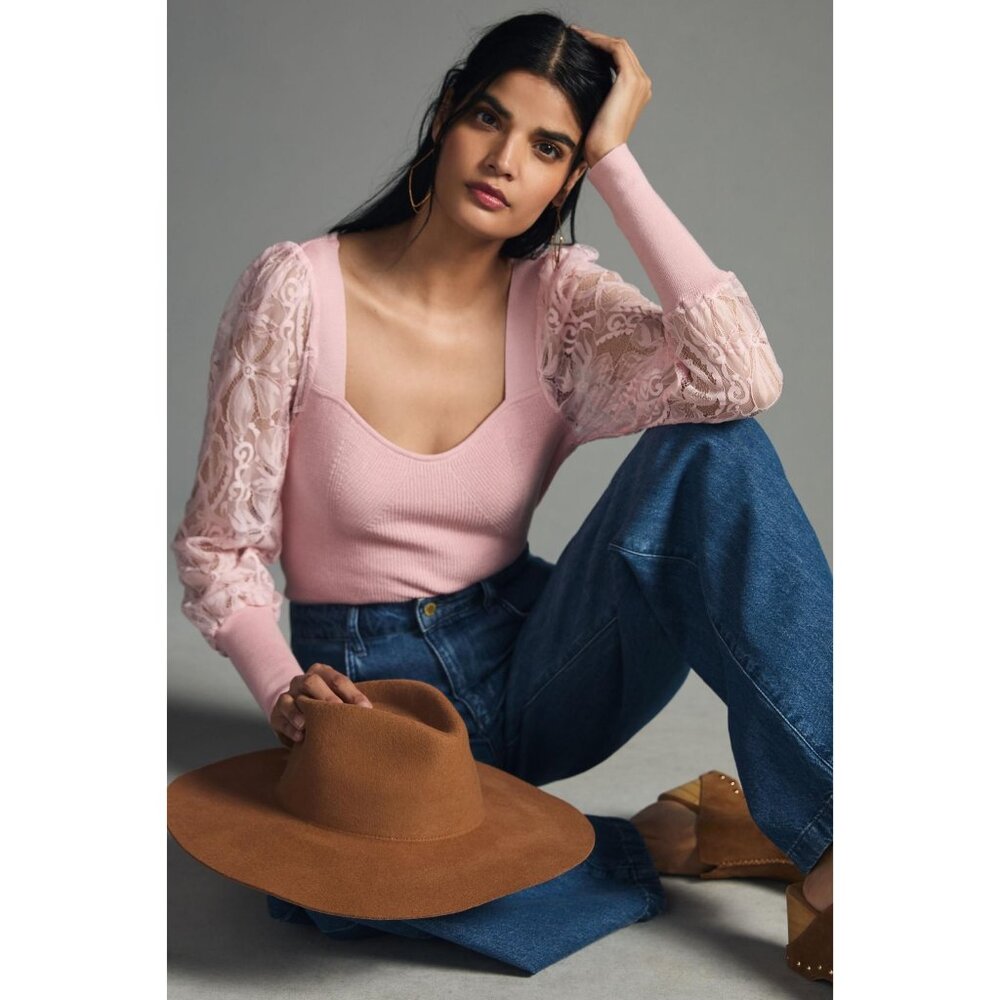 Anthropologie NWT Lace-Sleeve Sweater in Pink size 3X